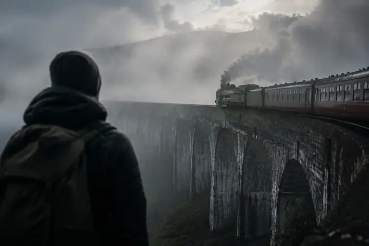 Cinematic train crossing a foggy bridge