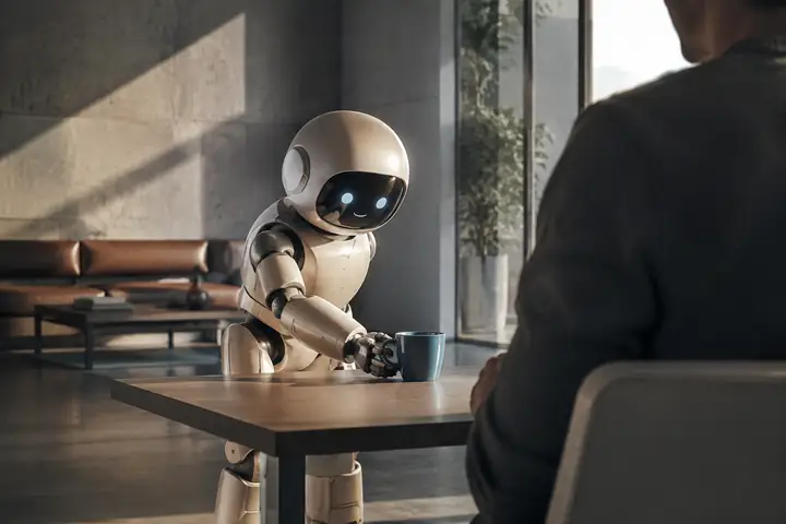 Playful robot placing a blue cup
