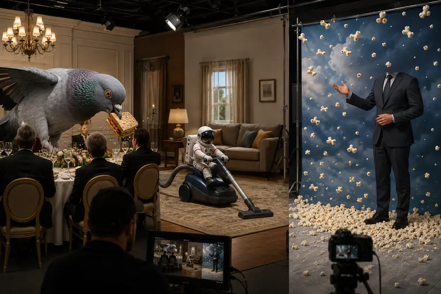 Fertiger, spielerischer Videoframe mit einer klaren visuellen Pointe